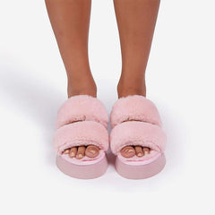 Luxemoda Tata Fluffy Stripe Platform Slip On Open Toe Faux Fur Slippers