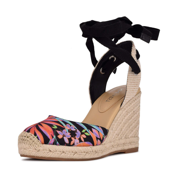 Nine West Black Multi Ankle Wrap Rounded Closed Toe Espadrille Wedges Sandals
