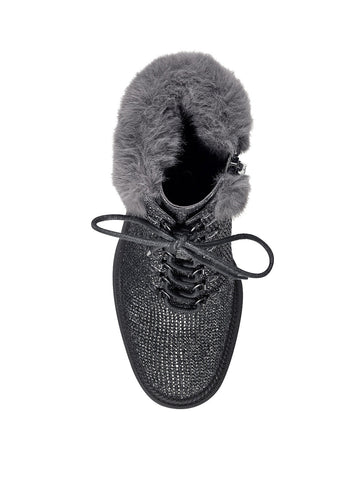 Jessica Simpson Deliah Pewter Rhinestone Fur Cuff Block Heel Combat Booties