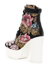Shellys London Evan Black Floral Lace Up Chunky Platform Heel Boots