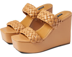 Nine West Nessie 3 Light Cognac Squared Open Toe Slip On Braided Wedge Sandals