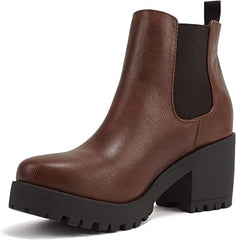 Soda Jaber Brown Pu Chunky Lug Sole Elastic Side Gore Pull On Chelsea Ankle Boot