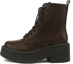 Soda Fling Brown Pu Lace Up Chunky Lug Sole Rounded Toe Wide Combat Ankle Boots