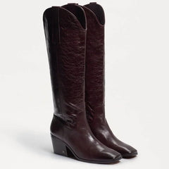 Sam Edelman Britten Wine Squared Toe Block Heel Leather Knee High Western Boots