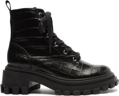 Schutz Black Croc Embossed Lace Up Round Toe Platform Combat Ankle Boots