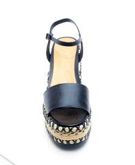 Schutz Lohane Black Espadrille Leather Vamp Ankle Strap Platform Wedge Sandal