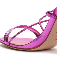 Schutz Arceli Bright Violet Metallic Lace Up Open Toe Flared Heel Tie Up Sandals
