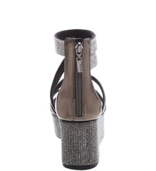 Schutz Gavvas Black Pewter Metallic Crystal Embellished Strap Wedge Sandal