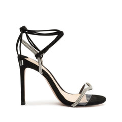 Schutz Cath Black Tie Up Rhinestone Embellished Clear Open Toe Heeled Sandals