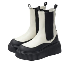 Sam Edelman Taber White/Black Chunky Lug Sole Rounded Toe Pull On Combat Boots