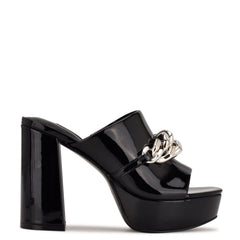 Nine West Relee Black Slip On Rounded Open Toe Chain Detailed Platform Sandals