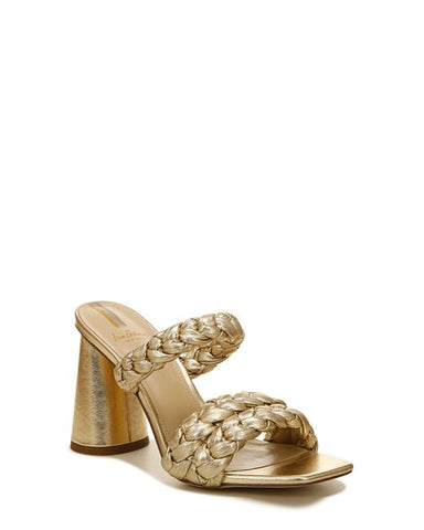 Sam Edelman Kendra Gold Leaf Leather Block Heel Squared Open Toe Slip On Mules