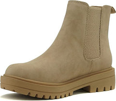Soda Pilot Beige Pull On Round Toe Chunky Platform Block Heel Wide Ankle Boots