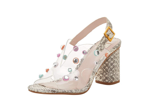 Louise et Cie KAMBER Grey White Clear Open Toe Block Heel Multi Beaded Sandals