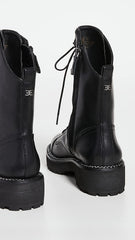 Sam Edelman Lenley Black Leather Chunky Heel Combat Lace Up Mid-Calf Boots