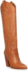 Steve Madden Lasso Cognac Pull On Stacked Block Heel Pointed Toe Knee High Boots