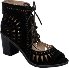 Breckelles Gabby Black Lasercut Stacked Chunky Stacked Block Heeled Peep Toe Sandals
