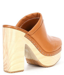 Steve Madden Alvara Cognac Leather Slip On Squared Toe Block Heeled Clog Mule