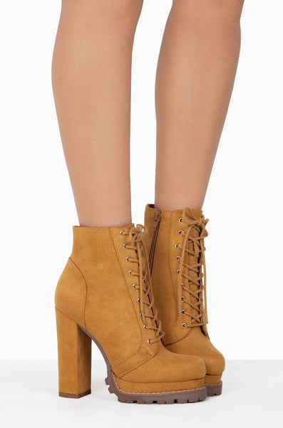 Liliana Monclair-1 Camel Lug Sole LaceUp Chunky Heel Platform Combat Booties