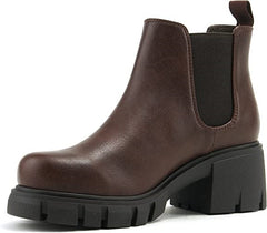 Soda Pioneer Lug Sole Mid Heel Gore Chelsea Fashion Ankle Elastic Booties Brown