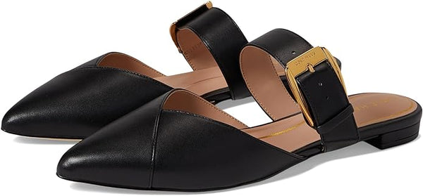Cole Haan Vandam Buckle Black Leather Pointed Toe Slip On Flat Classic Mules