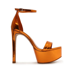 Schutz Cadey-Lee Orange Sleek Buckle Ankle Strap High Heel Platforms Sandals