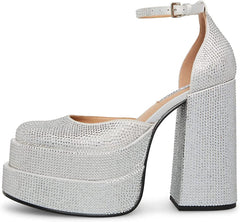Steve Madden Charlize Rhinestone Block Heel Ankle Strap Square Toe Fashion Pumps