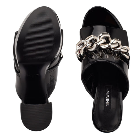 Nine West Relee Black Slip On Rounded Open Toe Chain Detailed Platform Sandals