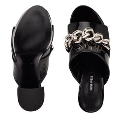 Nine West Relee Black Slip On Rounded Open Toe Chain Detailed Platform Sandals