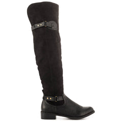 Caliente PartyBus Black Vegan Leather Suede Stacked Heel Over The Knee Boots