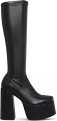 Steve Madden Cray Black Squared Toe Pull On Block Heel Knee High Stretchy Boots