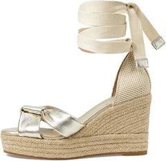 Cole Haan Cloudfeel Hampton Soft Gold Leather/Natural Canvas Wedge Heeled Sandal