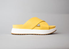 Cecelia New York UMA Yellow Platform Criss Cross Straps Wedge Slide Mule Sandals