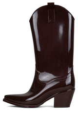 Jeffrey Campbell Thundrstrm Brown Shiny Squared Closed Toe Pull On Rain Boot