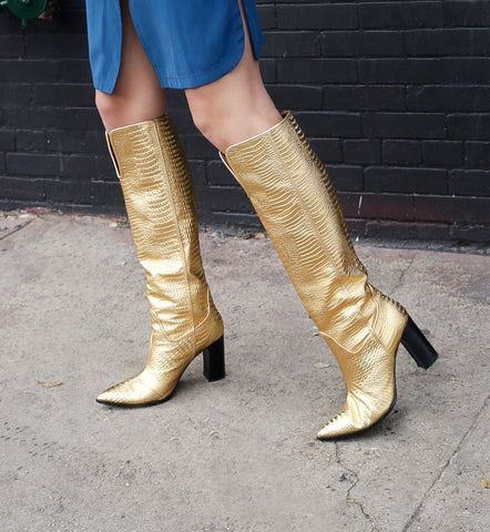 Cecelia New York Reckon Croc Embossed Knee High Cowboy Boot Dark Gold Western