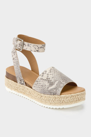 Soda Topic Beige Python Casual Espadrilles Trim Rubber Sole Flatform Studded Wedge Buckle Ankle Strap Open Toe Sandals (6.5)