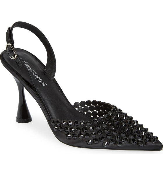 Jeffrey Campbell Shiner Black Satin Black Slingback Rhinestone Pointed Toe Pumps