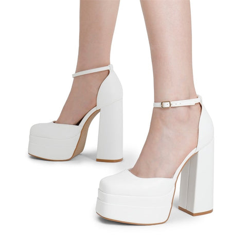 Dream Pairs High Chunky White Fashion Square Toe Ankle Strap Platform Pumps
