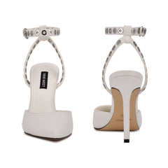 Nine West Timia White Leather Ankle Strap Pointed Close Toe Stiletto Dress Pumps
