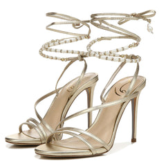Sam Edelman Scarlette Gold Ankle Tie Up Stiletto Leather Heeled Sandals