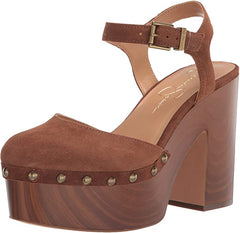 Jessica Simpson Draiye Tan Suede Wood Clog Ankle Strap Block Heel Platform Pumps