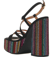 Jessica Simpson Salih Black Rainbow Disco Buckle Straps Block Heel Platform Sandals