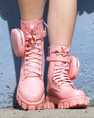 Cape Robbin Monalisa Pink Pastel Chic Chunky Platform Lace Up Pouch Combat Boots