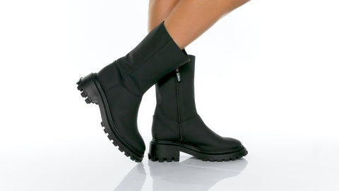 Schutz Juany Winter Black Rounded Toe Mid Calf Lug Sole Block Heeled Ankle Boots