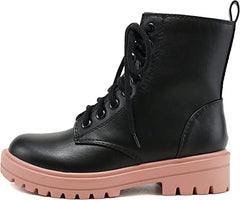 Soda Firm Black/D-mauve Lace Up Round Toe Chunky Combat Ankle Wide Boots