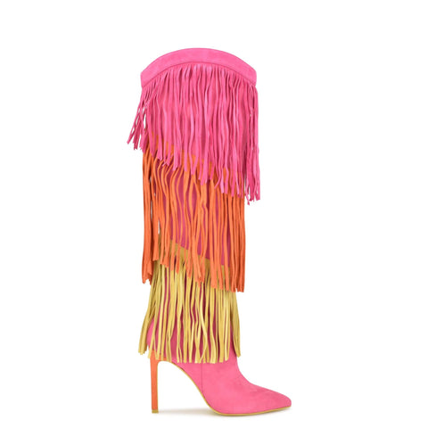 Nine West Tasels Pink Multi Pointy Toe Stiletto Heel Fringe Trim Knee High Boots