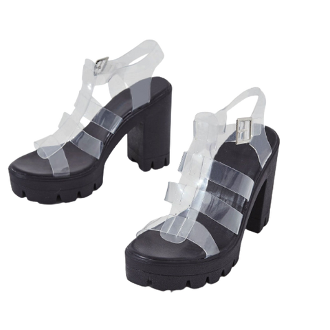 Cape Robbin Toffee Black Platform Clear Lug Sole High Heel Sandals