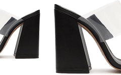 Schutz Victorie Black Clear Straps Slip On Open Toe Block Heeled Sandals