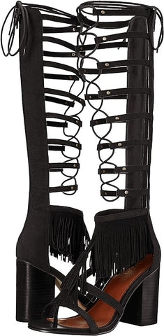 MIA Ricarda Black Round Open Toe Block Heel Fringe Detailed Gladiator Sandals
