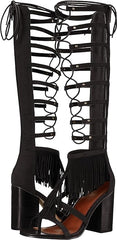 MIA Ricarda Black Round Open Toe Block Heel Fringe Detailed Gladiator Sandals